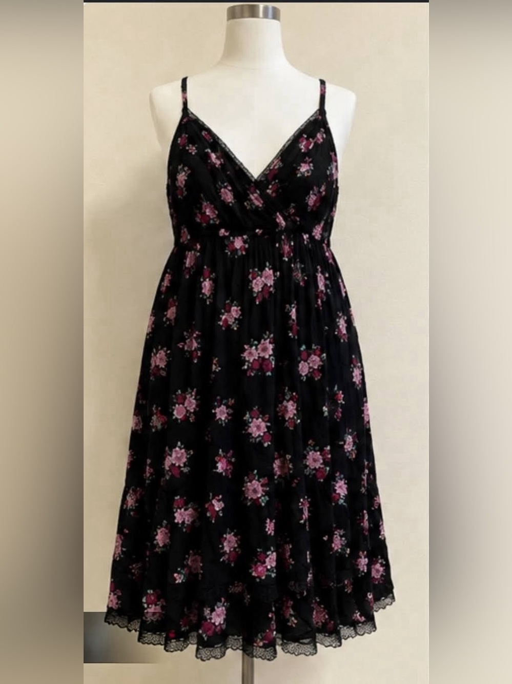 Torrid Black Floral Spaghetti Strap Midi Dress - Pink Flower Print